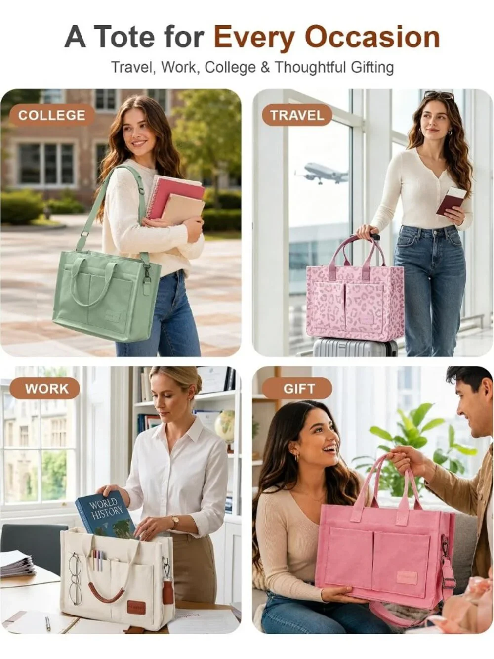 Stylish Canvas Tote Bag for Women - Zipper Closure, Compartments for Work